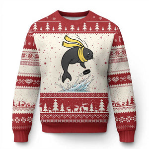 Funny Seal Playing Ice Hockey Ugly Christmas Sweater Winter Sports Gift TS12 Beige Red Print Your Wear
