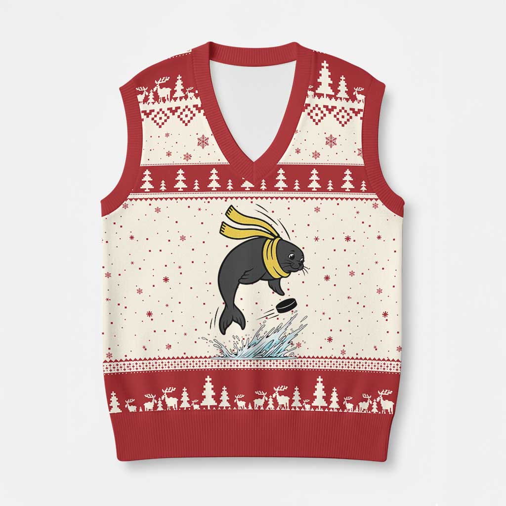 Funny Seal Playing Ice Hockey V-Neck Knit Sweater Vest Winter Sports Gift TS12 Beige Red Print Your Wear