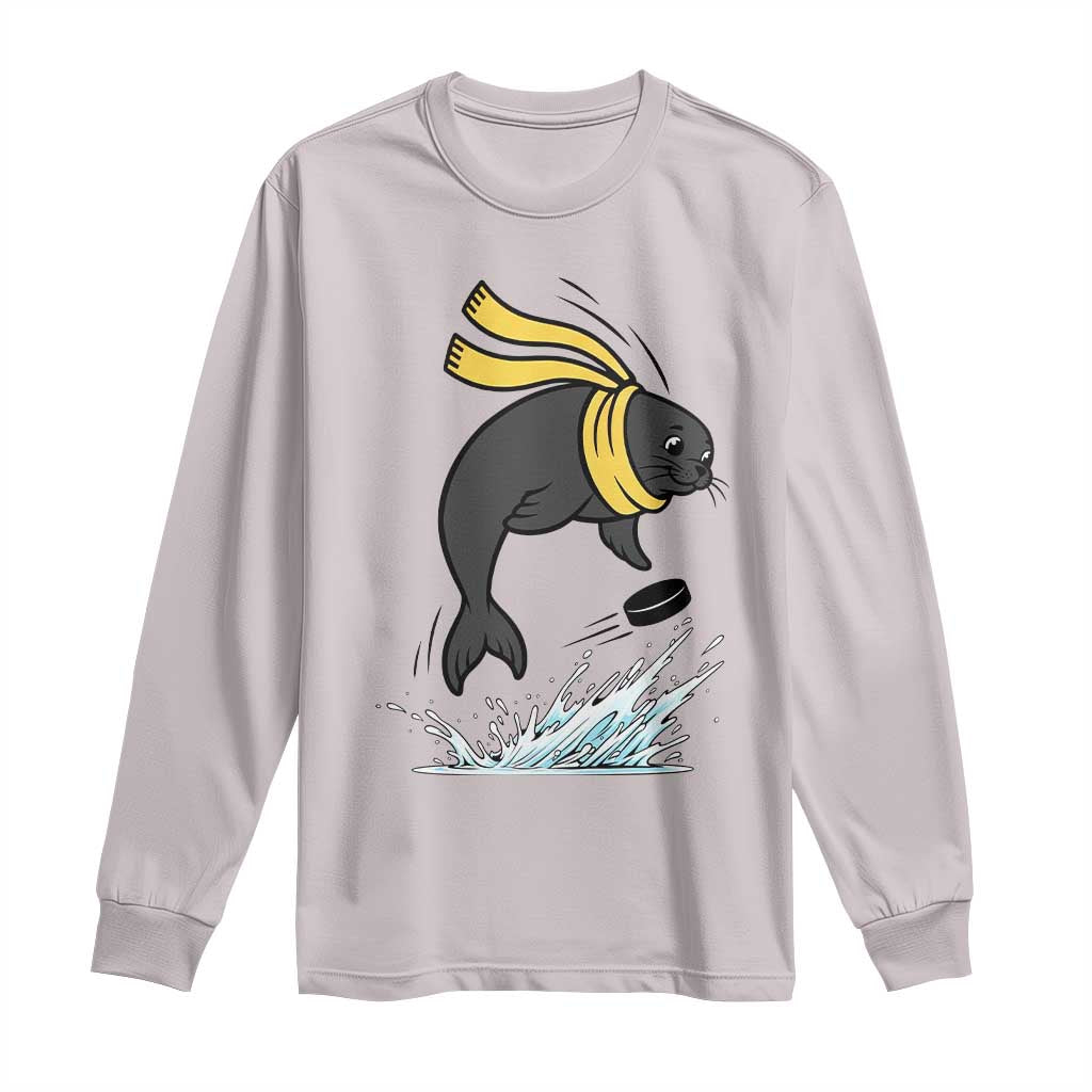 Funny Seal Playing Ice Hockey Long Sleeve Shirt Winter Sports Gift TS12 Ice Gray Print Your Wear