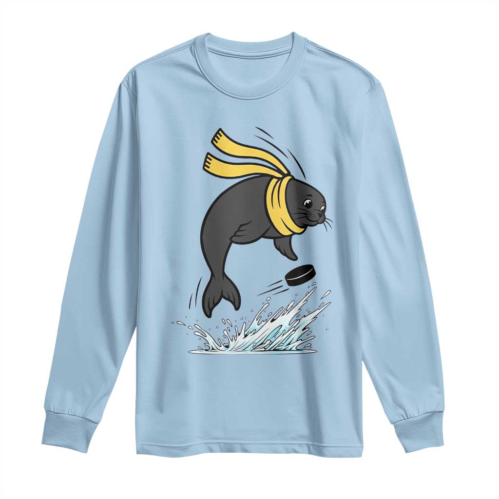 Funny Seal Playing Ice Hockey Long Sleeve Shirt Winter Sports Gift TS12 Light Blue Print Your Wear