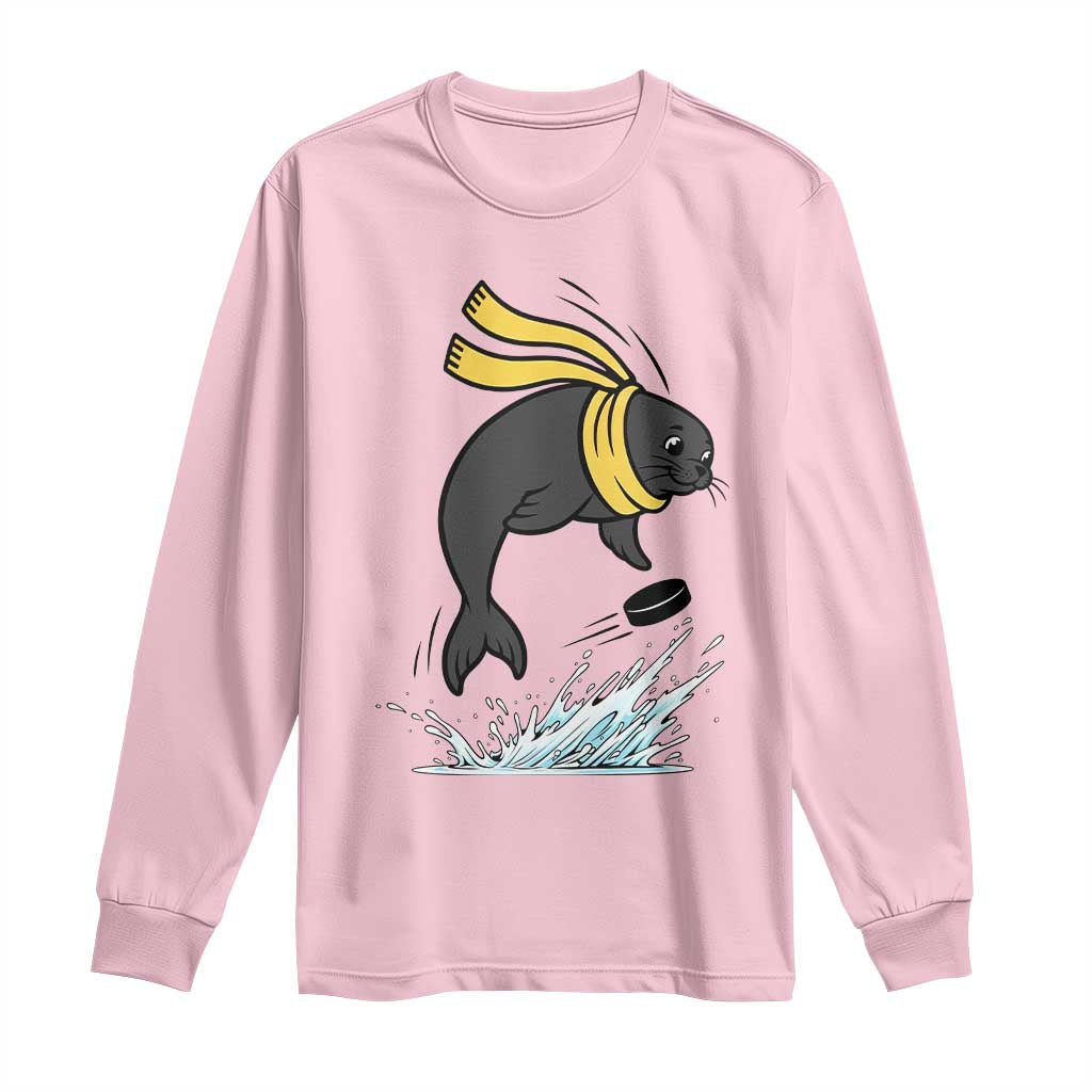 Funny Seal Playing Ice Hockey Long Sleeve Shirt Winter Sports Gift TS12 Light Pink Print Your Wear