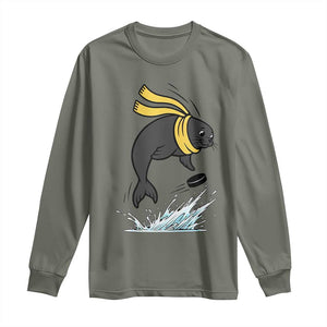 Funny Seal Playing Ice Hockey Long Sleeve Shirt Winter Sports Gift TS12 Military Green Print Your Wear