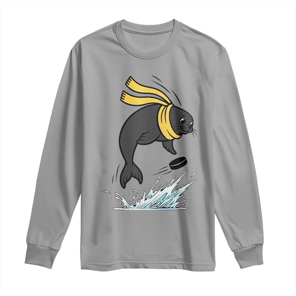 Funny Seal Playing Ice Hockey Long Sleeve Shirt Winter Sports Gift TS12 Sport Gray Print Your Wear