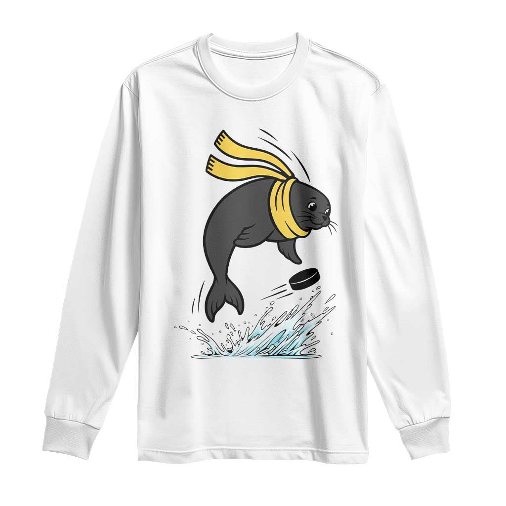 Funny Seal Playing Ice Hockey Long Sleeve Shirt Winter Sports Gift TS12 White Print Your Wear