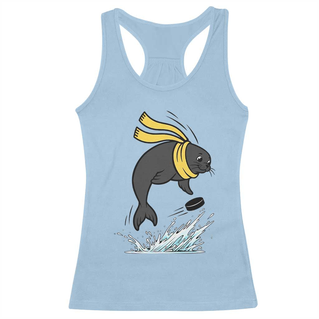 Funny Seal Playing Ice Hockey Racerback Tank Top Winter Sports Gift TS12 Light Blue Print Your Wear