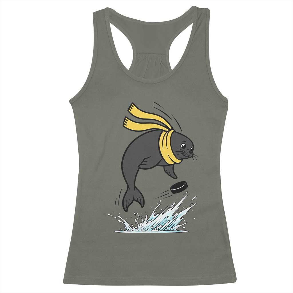 Funny Seal Playing Ice Hockey Racerback Tank Top Winter Sports Gift TS12 Military Green Print Your Wear
