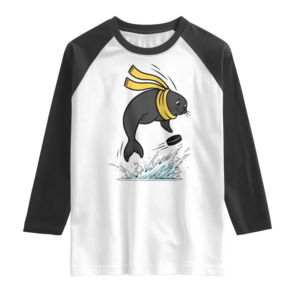 Funny Seal Playing Ice Hockey Raglan Shirt Winter Sports Gift TS12 White Black Print Your Wear
