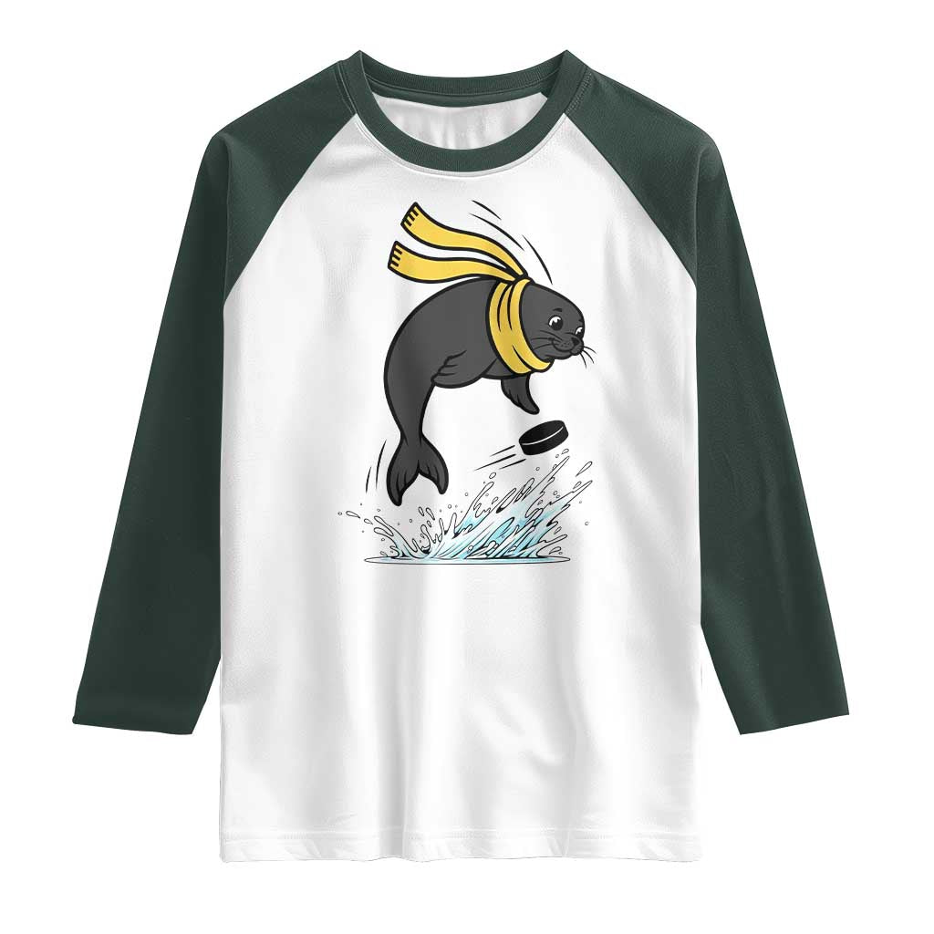 Funny Seal Playing Ice Hockey Raglan Shirt Winter Sports Gift TS12 White Dark Forest Green Print Your Wear