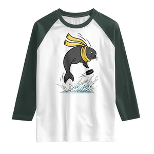 Funny Seal Playing Ice Hockey Raglan Shirt Winter Sports Gift TS12 White Dark Forest Green Print Your Wear