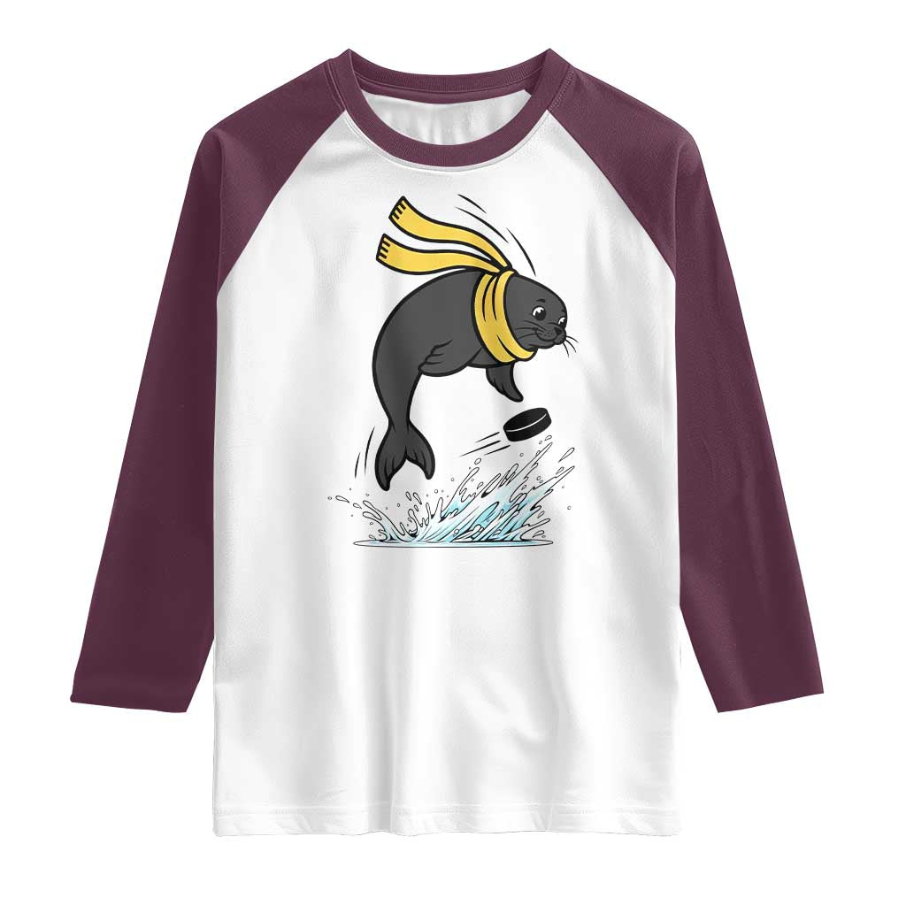 Funny Seal Playing Ice Hockey Raglan Shirt Winter Sports Gift TS12 White Maroon Print Your Wear