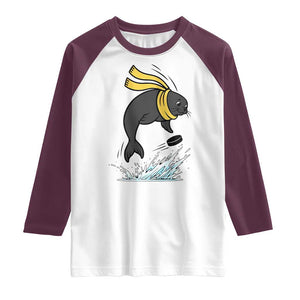 Funny Seal Playing Ice Hockey Raglan Shirt Winter Sports Gift TS12 White Maroon Print Your Wear