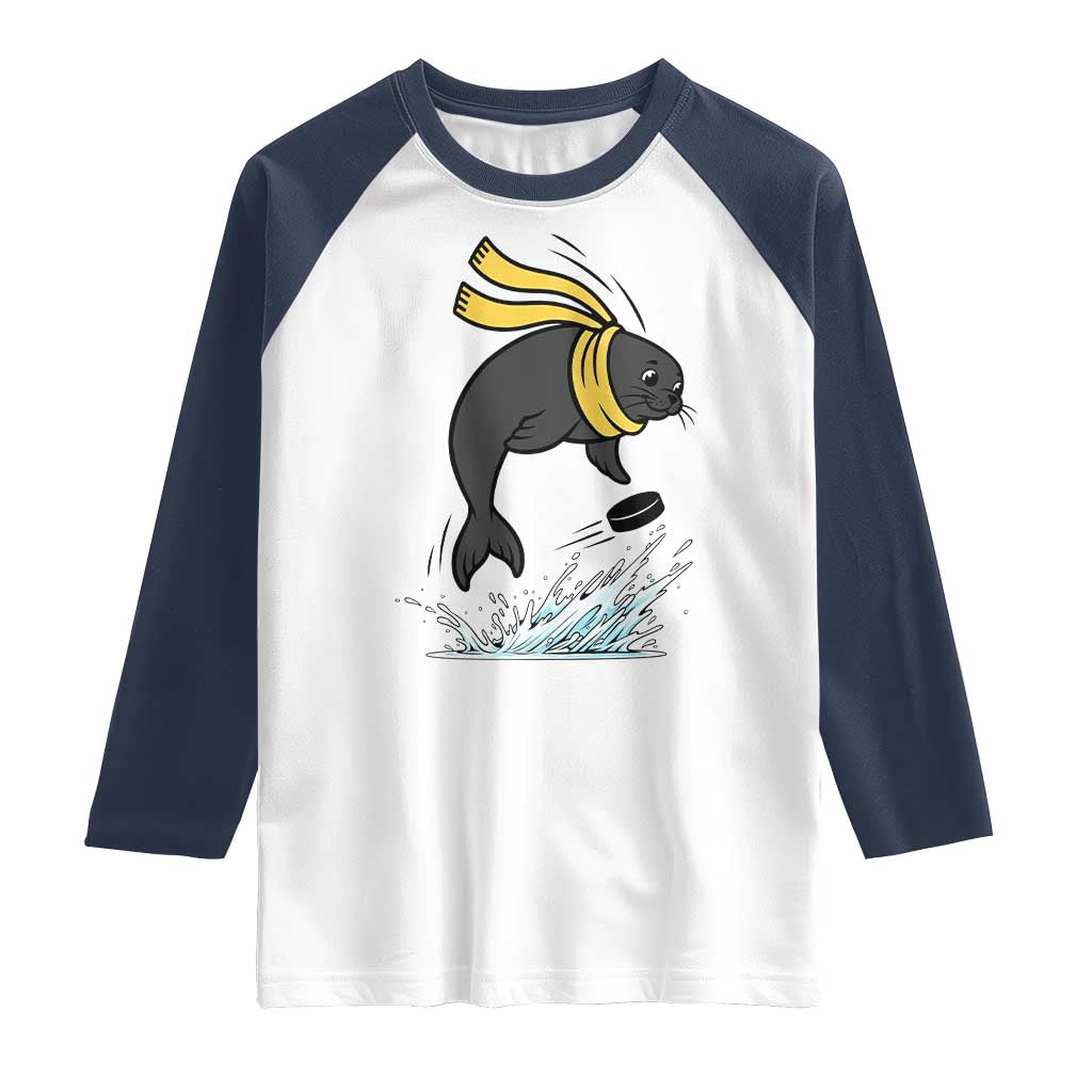 Funny Seal Playing Ice Hockey Raglan Shirt Winter Sports Gift TS12 White Navy Print Your Wear