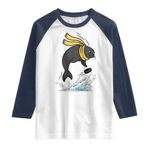 Funny Seal Playing Ice Hockey Raglan Shirt Winter Sports Gift TS12 White Navy Print Your Wear