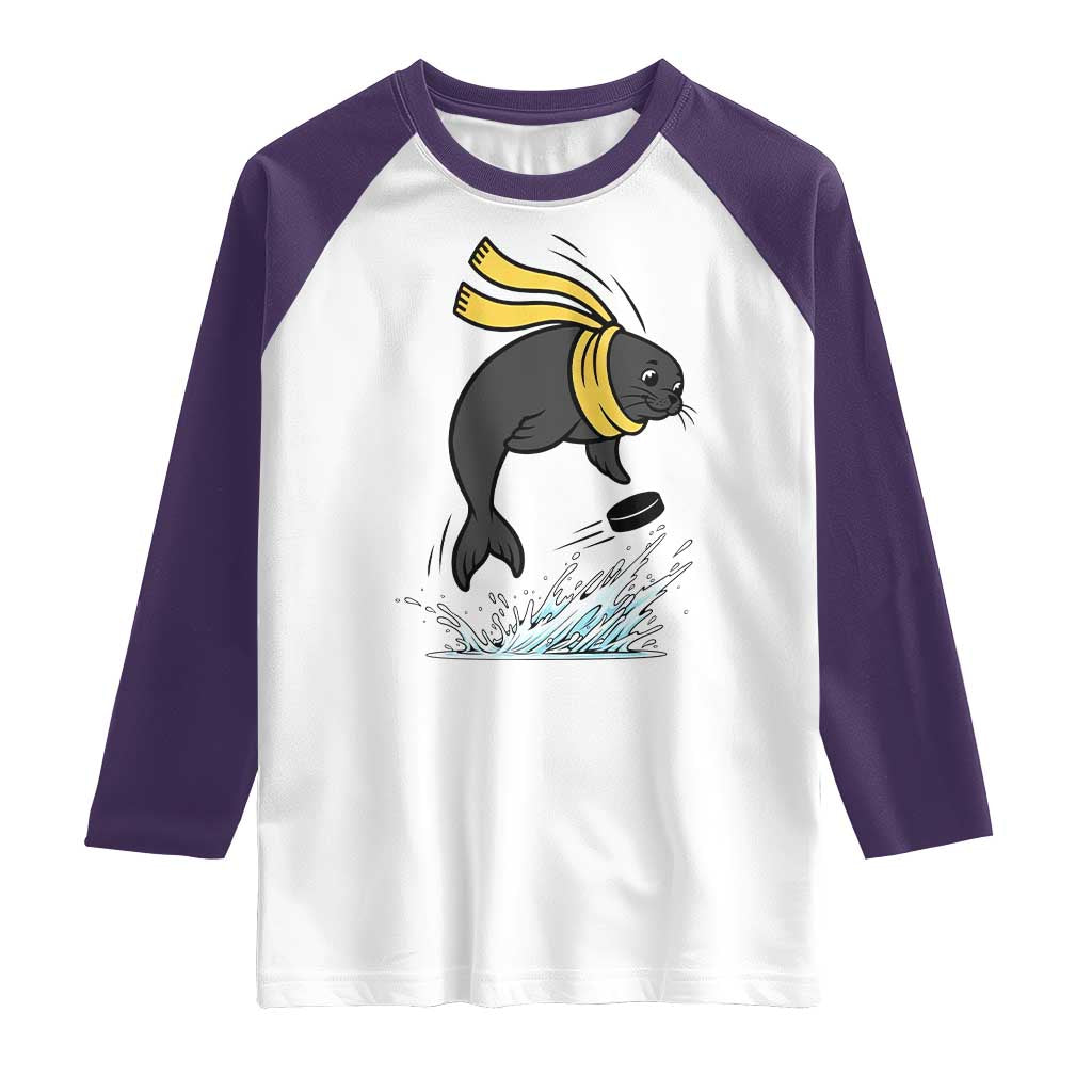Funny Seal Playing Ice Hockey Raglan Shirt Winter Sports Gift TS12 White Purple Print Your Wear