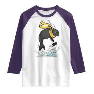 Funny Seal Playing Ice Hockey Raglan Shirt Winter Sports Gift TS12 White Purple Print Your Wear