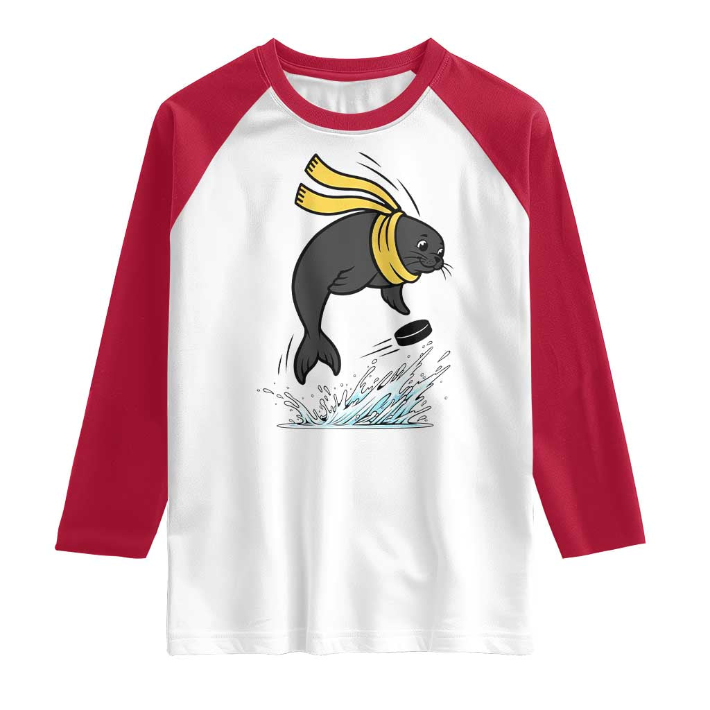 Funny Seal Playing Ice Hockey Raglan Shirt Winter Sports Gift TS12 White Red Print Your Wear