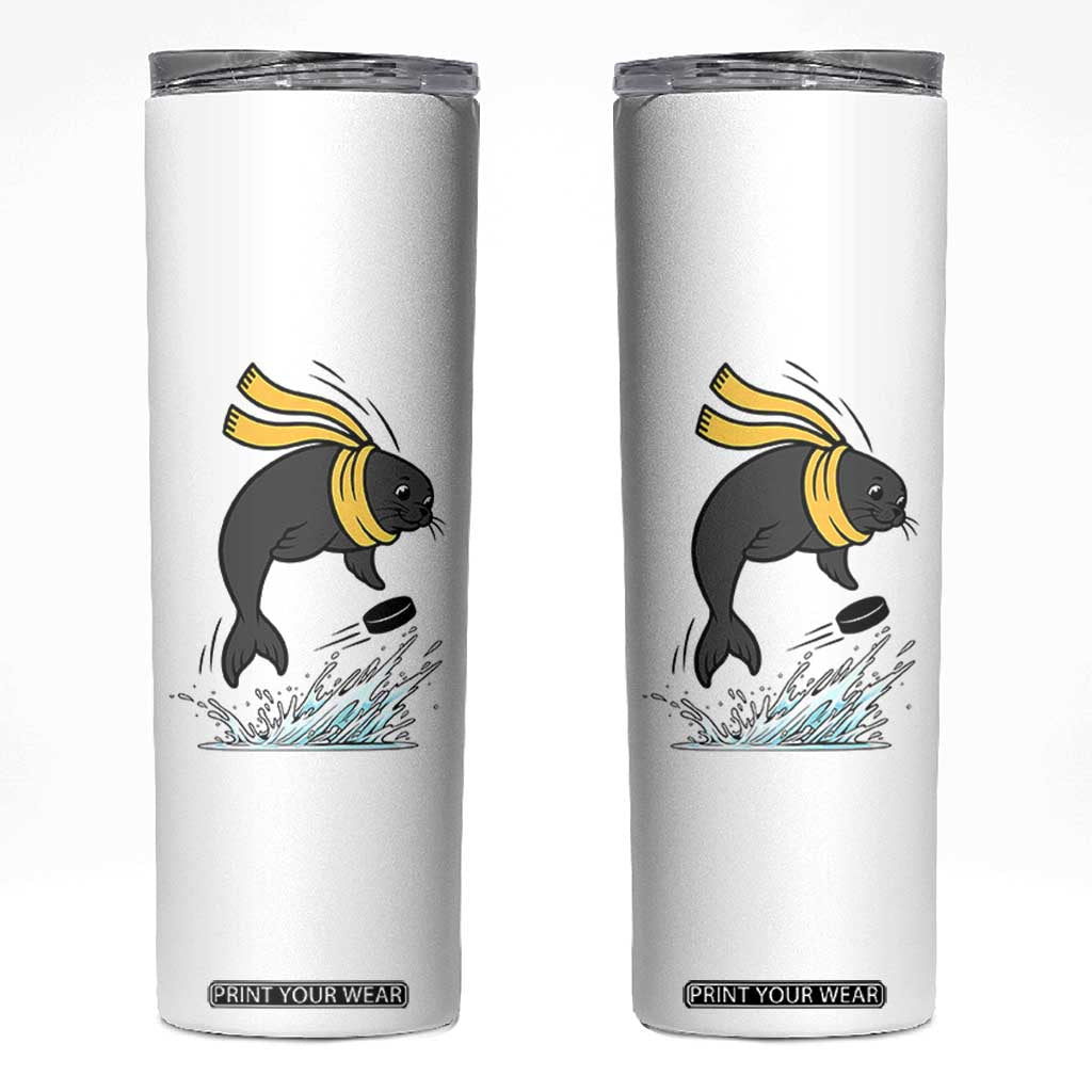 Funny Seal Playing Ice Hockey Skinny Tumbler Winter Sports Gift TS12 White Print Your Wear