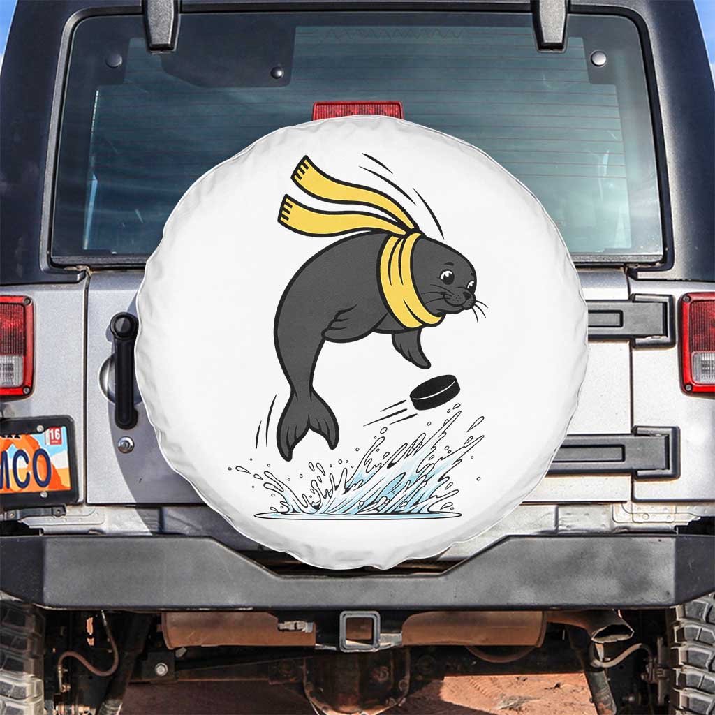 Funny Seal Playing Ice Hockey Spare Tire Cover Winter Sports Gift TS12 No hole White Print Your Wear