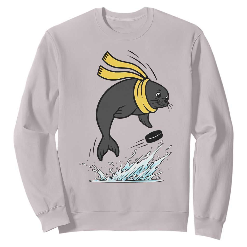 Funny Seal Playing Ice Hockey Sweatshirt Winter Sports Gift TS12 Ice Gray Print Your Wear