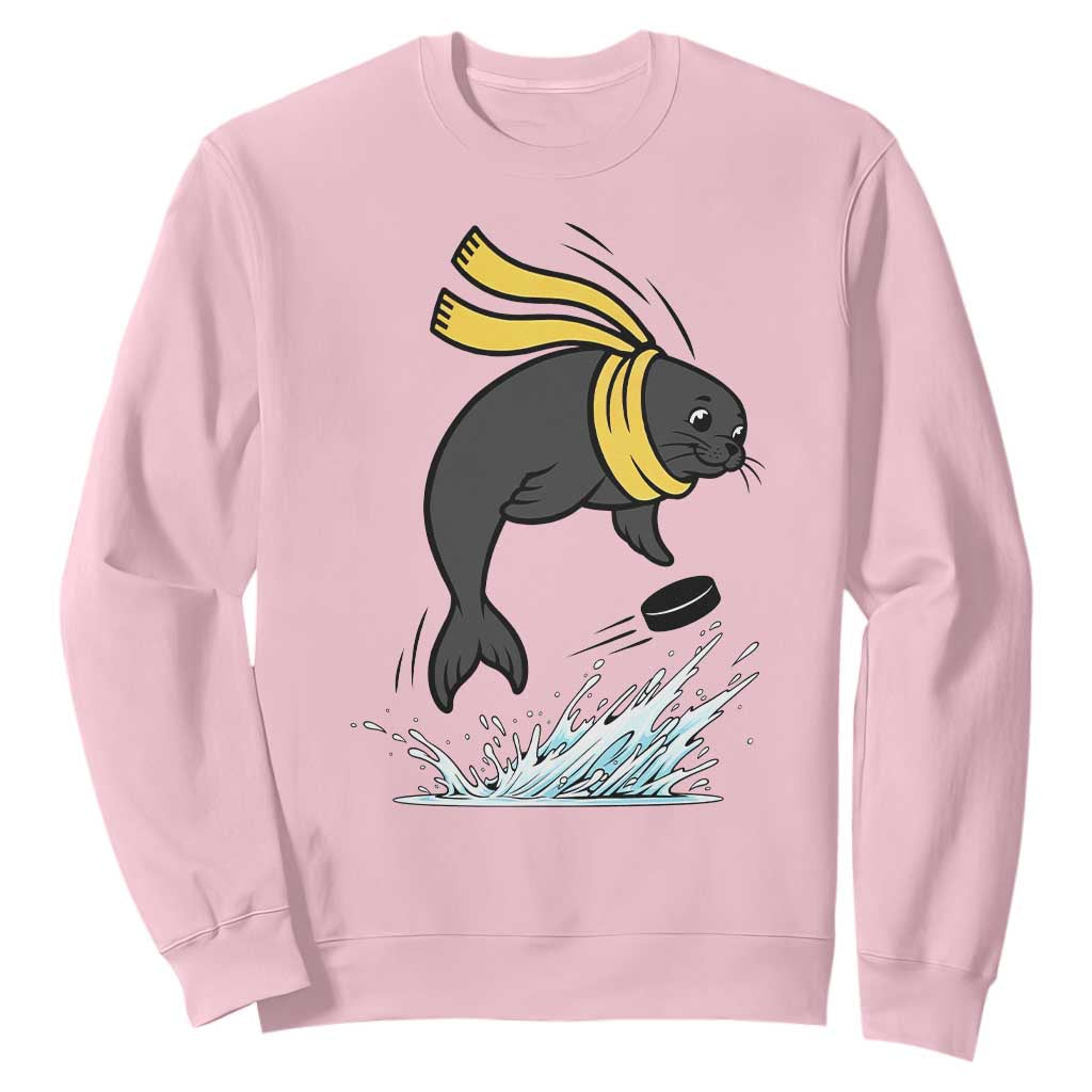 Funny Seal Playing Ice Hockey Sweatshirt Winter Sports Gift TS12 Light Pink Print Your Wear