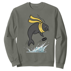 Funny Seal Playing Ice Hockey Sweatshirt Winter Sports Gift TS12 Military Green Print Your Wear