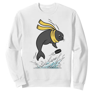 Funny Seal Playing Ice Hockey Sweatshirt Winter Sports Gift TS12 White Print Your Wear