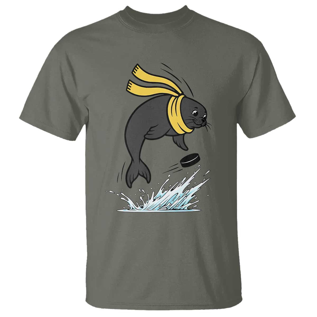 Funny Seal Playing Ice Hockey T Shirt Winter Sports Gift TS12 Military Green Print Your Wear