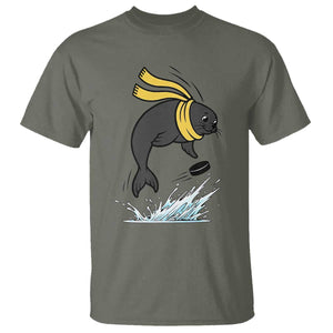 Funny Seal Playing Ice Hockey T Shirt Winter Sports Gift TS12 Military Green Print Your Wear