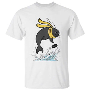 Funny Seal Playing Ice Hockey T Shirt Winter Sports Gift TS12 White Print Your Wear