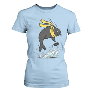 Funny Seal Playing Ice Hockey T Shirt For Women Winter Sports Gift TS12 Light Blue Print Your Wear