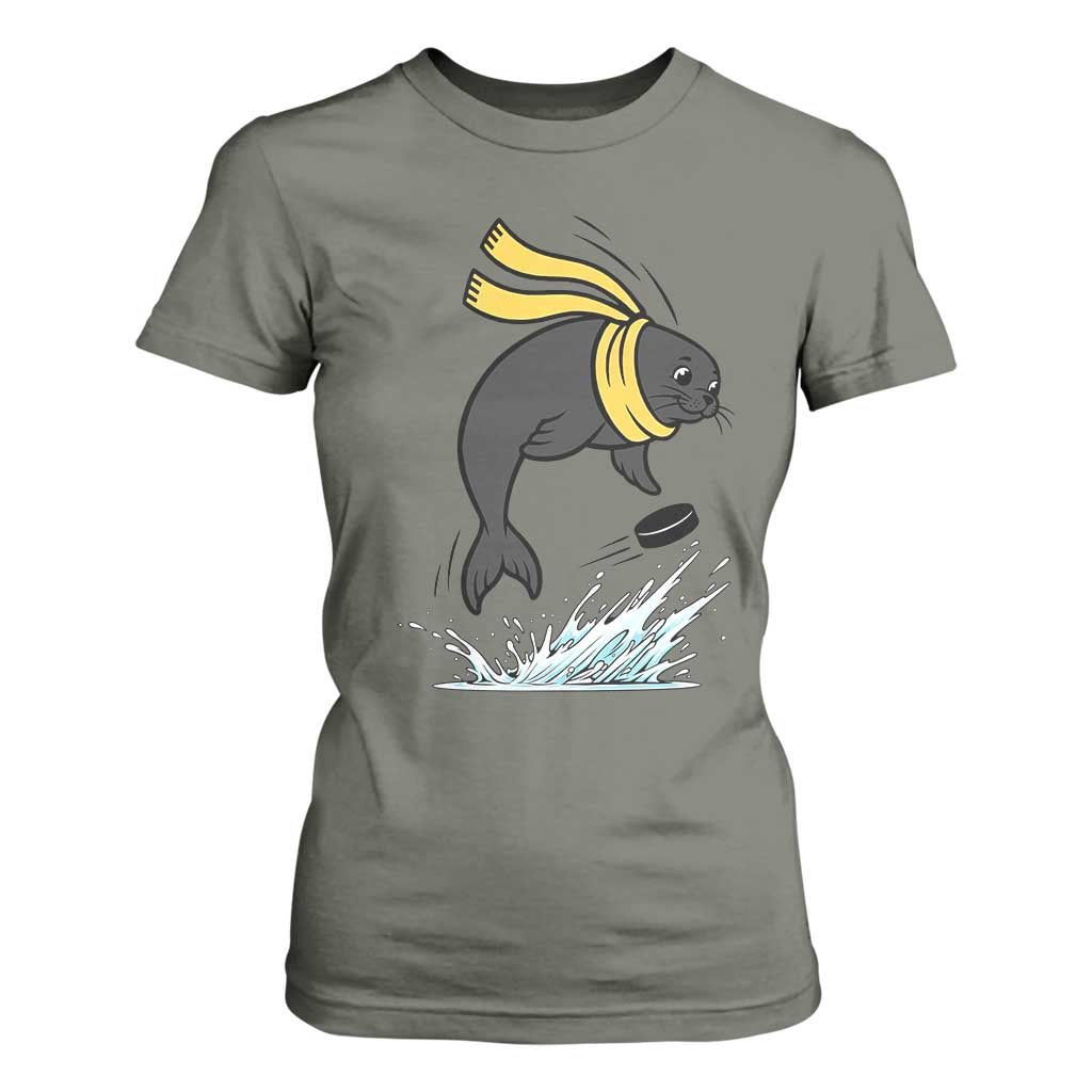 Funny Seal Playing Ice Hockey T Shirt For Women Winter Sports Gift TS12 Military Green Print Your Wear