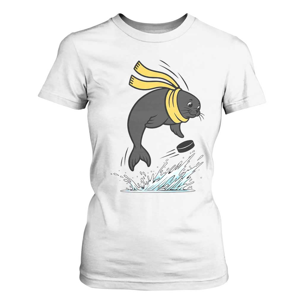 Funny Seal Playing Ice Hockey T Shirt For Women Winter Sports Gift TS12 White Print Your Wear