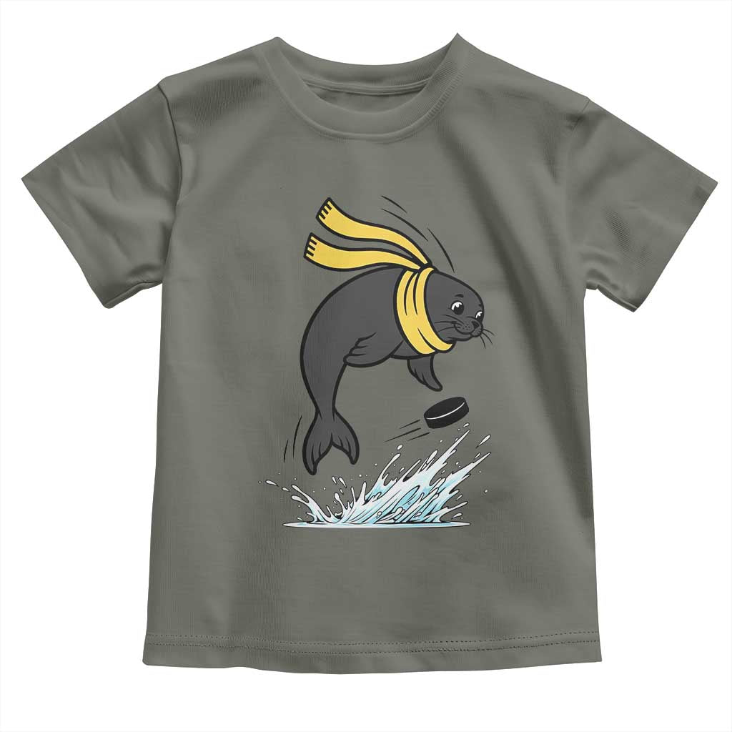 Funny Seal Playing Ice Hockey Toddler T Shirt Winter Sports Gift TS12 Military Green Print Your Wear