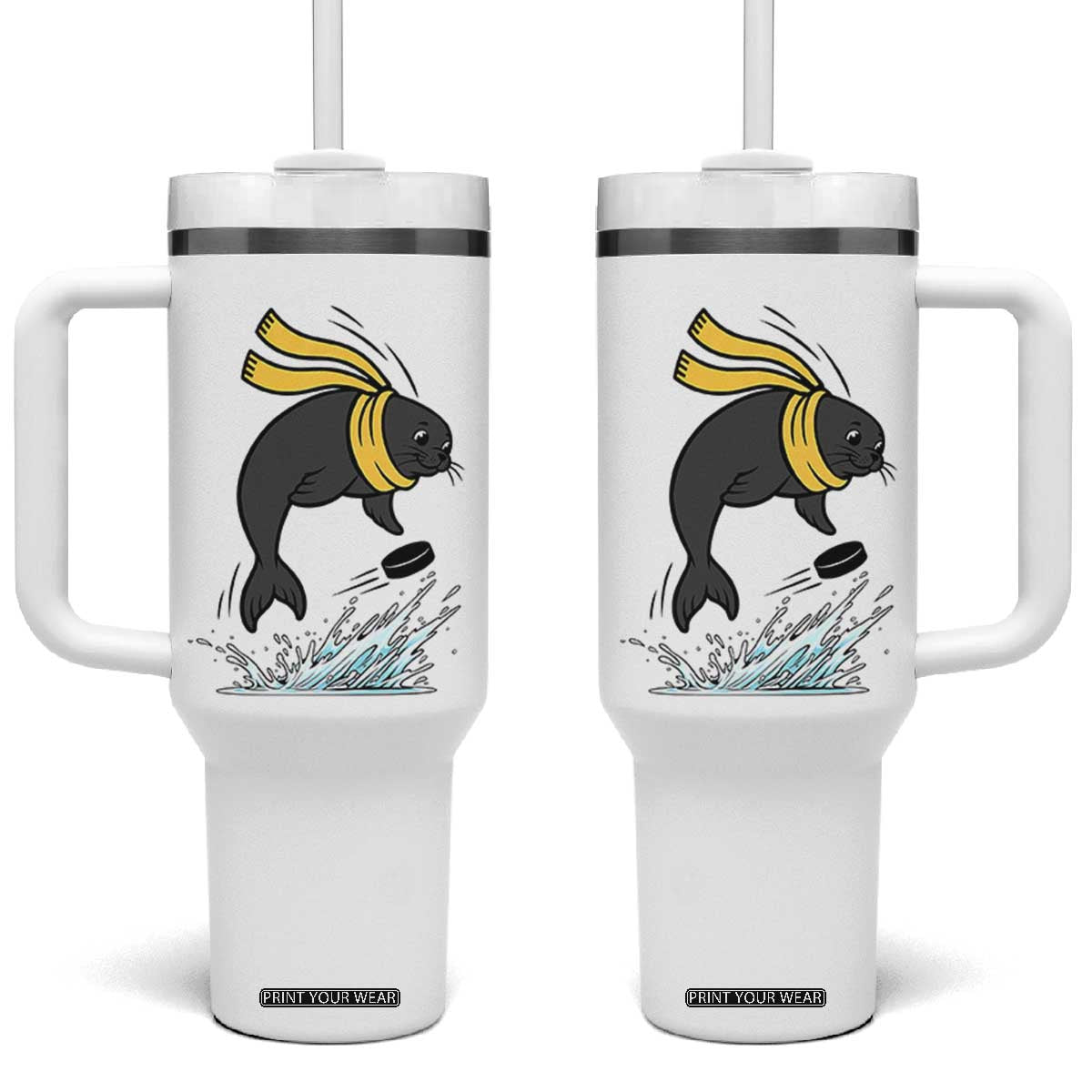 Funny Seal Playing Ice Hockey Tumbler With Handle Winter Sports Gift TS12 One Size: 40 oz White Print Your Wear