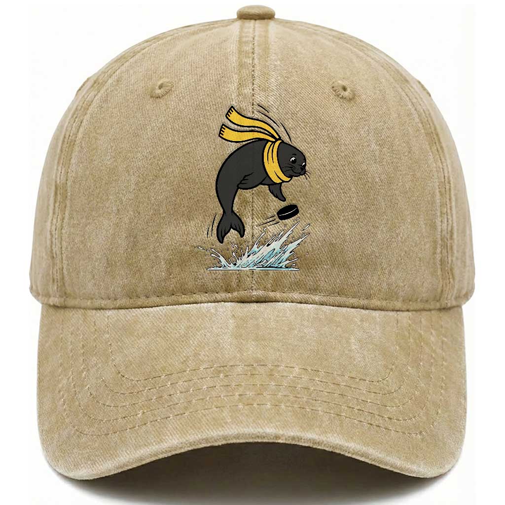 Funny Seal Playing Ice Hockey Washed Cotton Baseball Cap Winter Sports Gift TS12 Print Your Wear