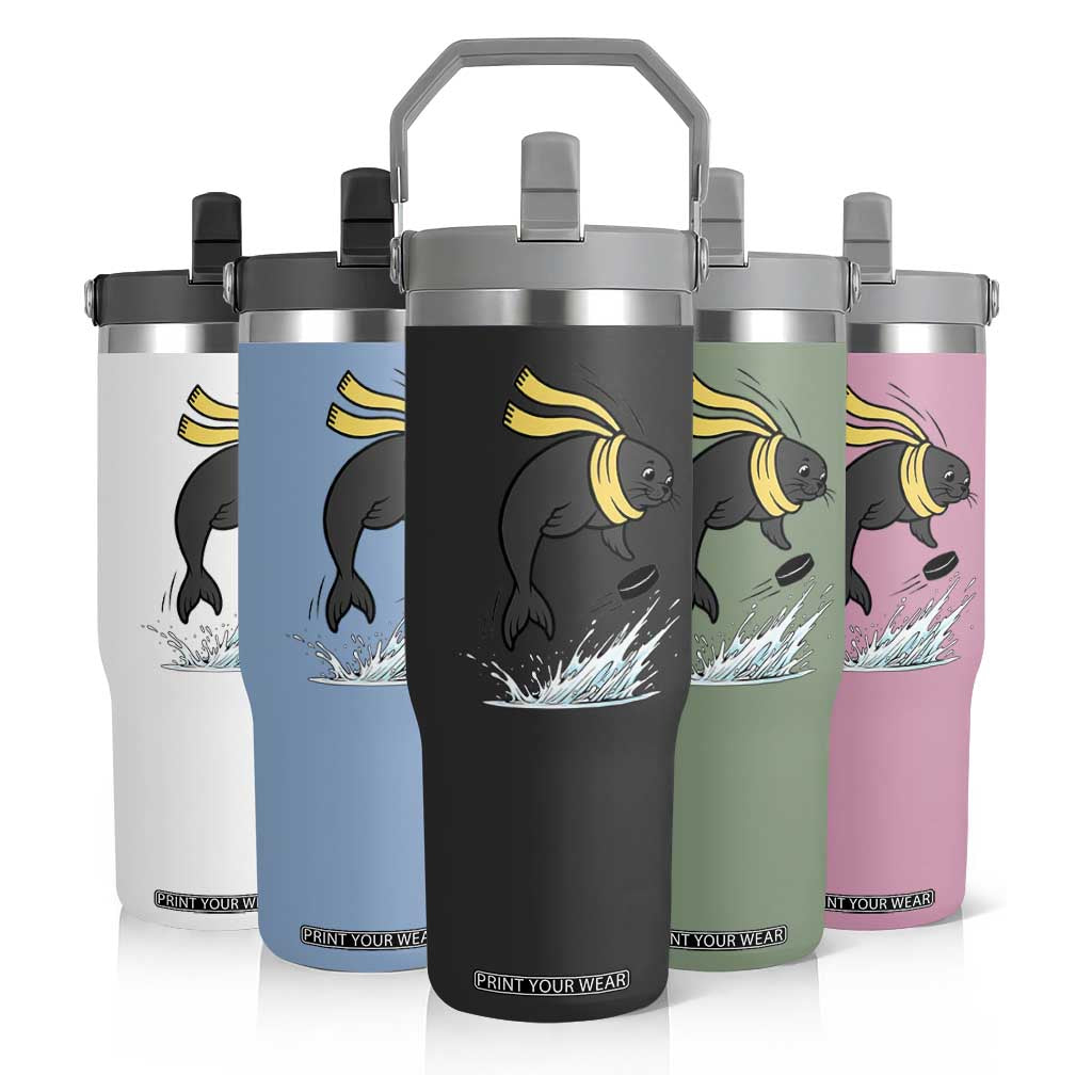 Funny Seal Playing Ice Hockey Flip Straw Tumbler Winter Sports Gift TS12 Print Your Wear