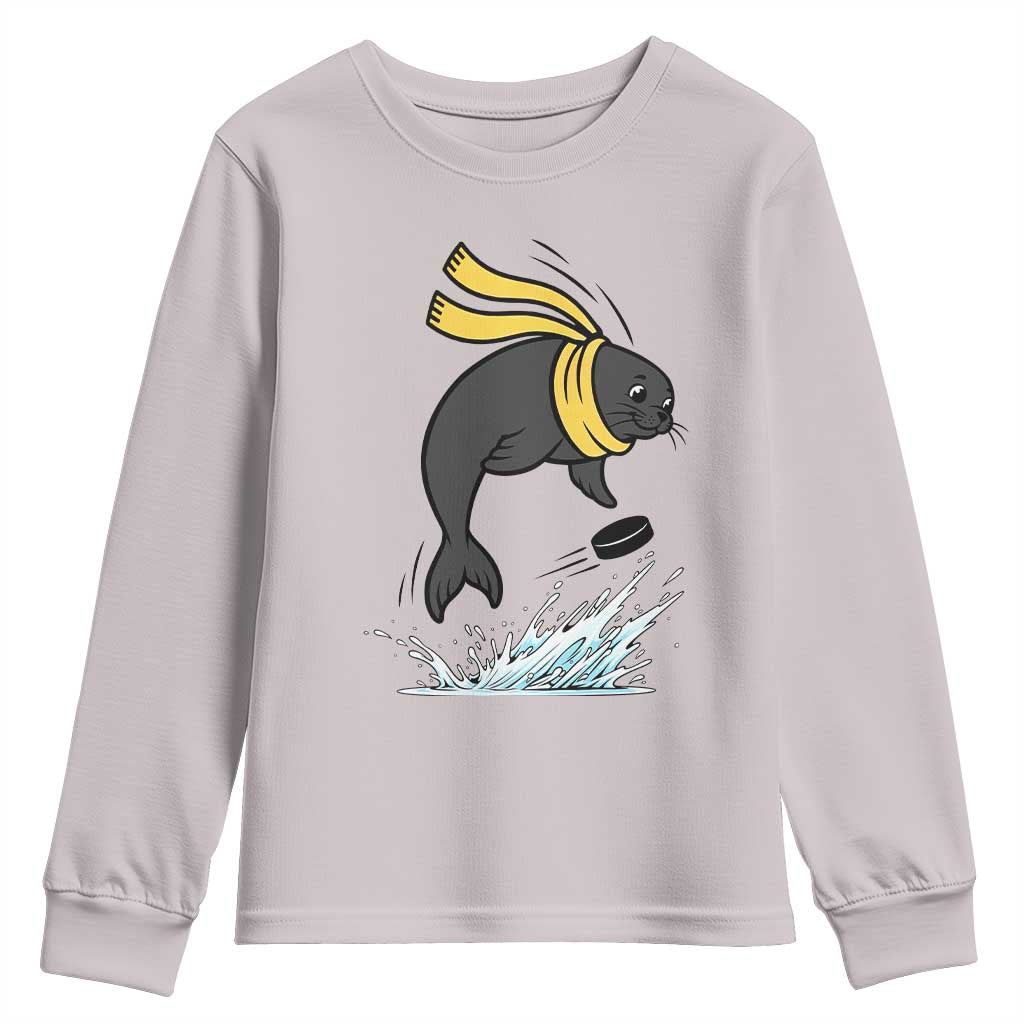 Funny Seal Playing Ice Hockey Youth Sweatshirt Winter Sports Gift TS12 Ice Gray Print Your Wear