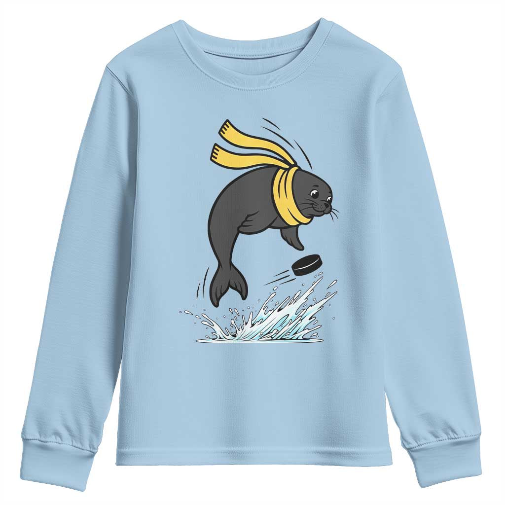 Funny Seal Playing Ice Hockey Youth Sweatshirt Winter Sports Gift TS12 Light Blue Print Your Wear