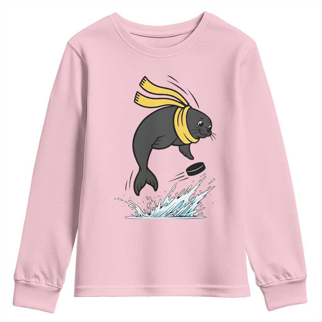 Funny Seal Playing Ice Hockey Youth Sweatshirt Winter Sports Gift TS12 Light Pink Print Your Wear