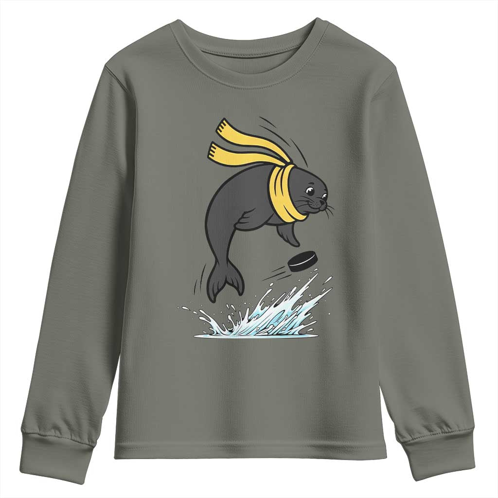 Funny Seal Playing Ice Hockey Youth Sweatshirt Winter Sports Gift TS12 Military Green Print Your Wear