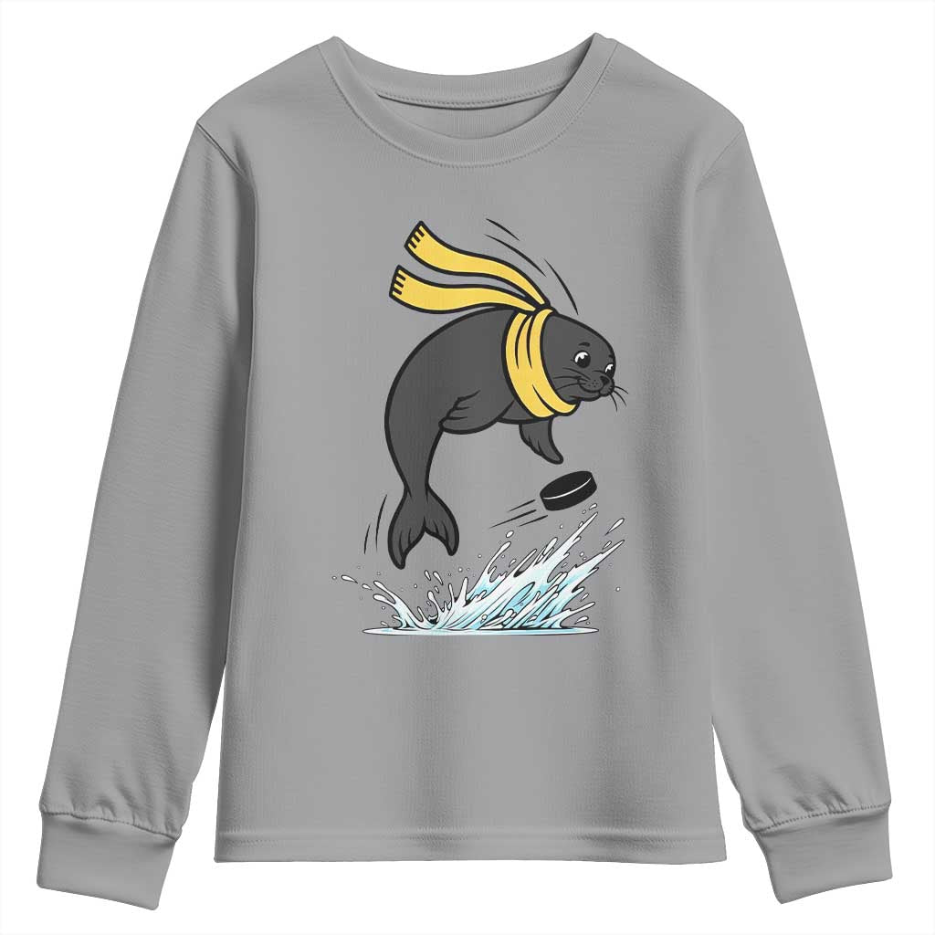 Funny Seal Playing Ice Hockey Youth Sweatshirt Winter Sports Gift TS12 Sport Gray Print Your Wear