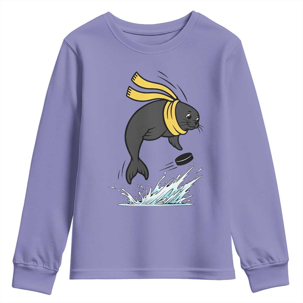Funny Seal Playing Ice Hockey Youth Sweatshirt Winter Sports Gift TS12 Violet Print Your Wear