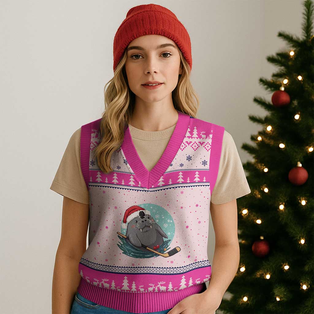 Snowy Seal Ice Hockey Lover V-Neck Knit Sweater Vest Funny Xmas Gift TS12 Hot Pink Print Your Wear