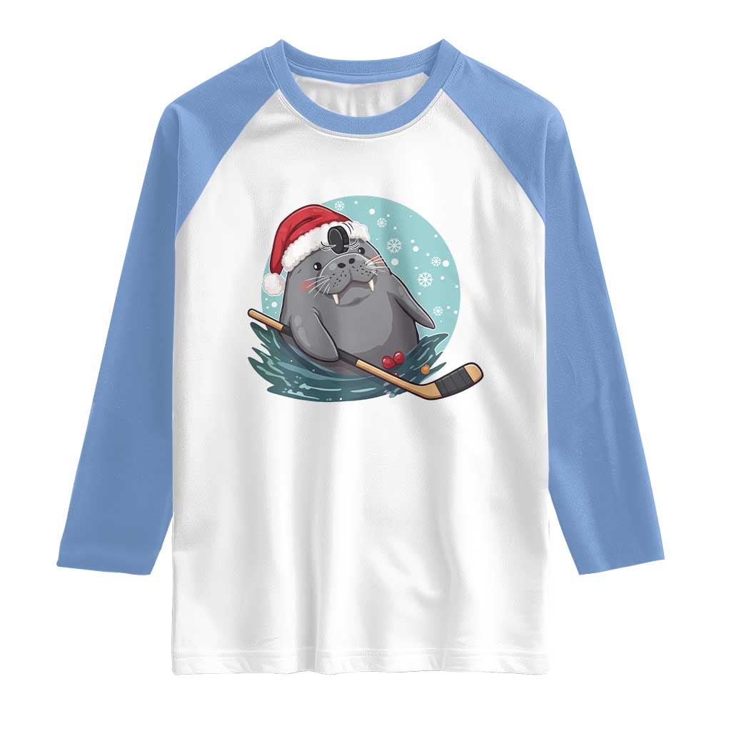 Snowy Seal Ice Hockey Lover Raglan Shirt Funny Christmas Gift TS12 White Carolina Blue Print Your Wear