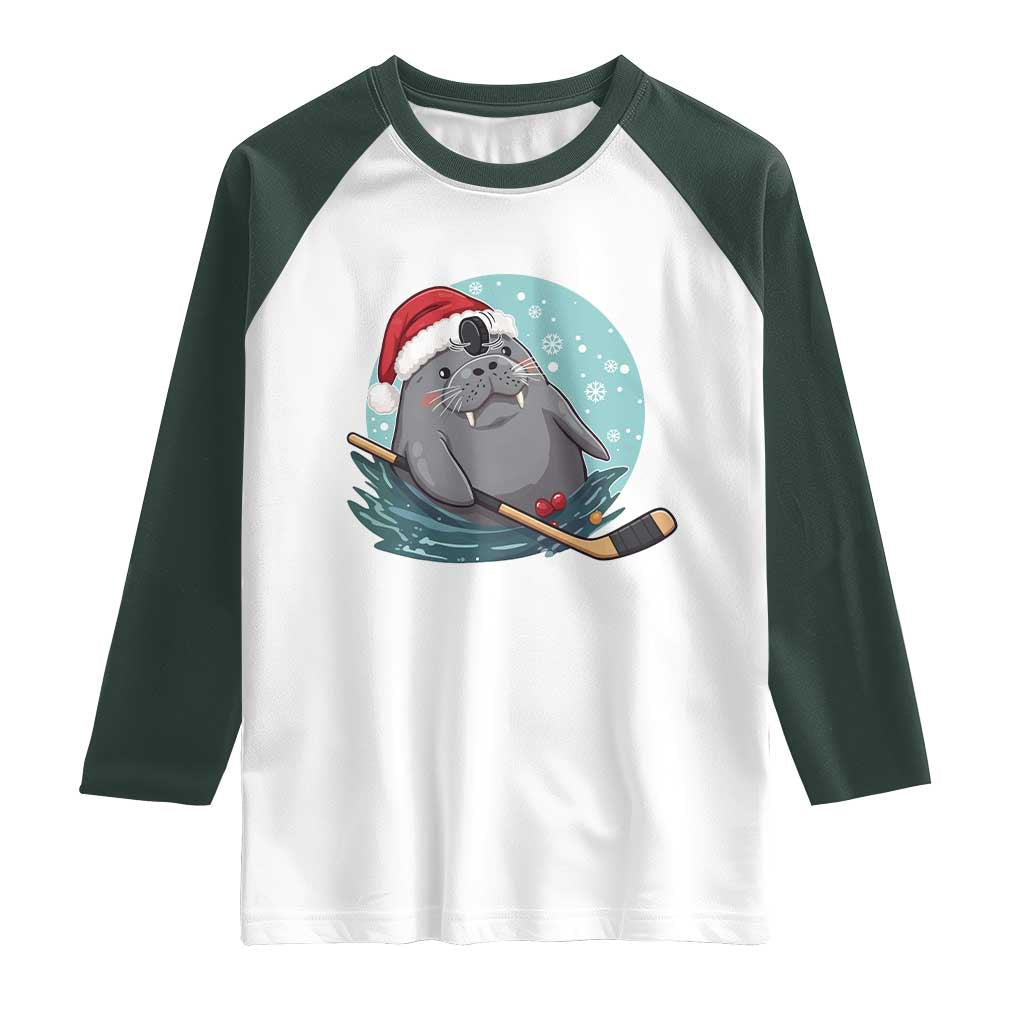 Snowy Seal Ice Hockey Lover Raglan Shirt Funny Christmas Gift TS12 White Dark Forest Green Print Your Wear
