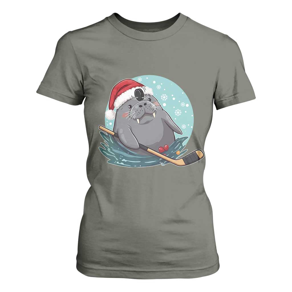 Snowy Seal Ice Hockey Lover T Shirt For Women Funny Christmas Gift TS12 Military Green Print Your Wear
