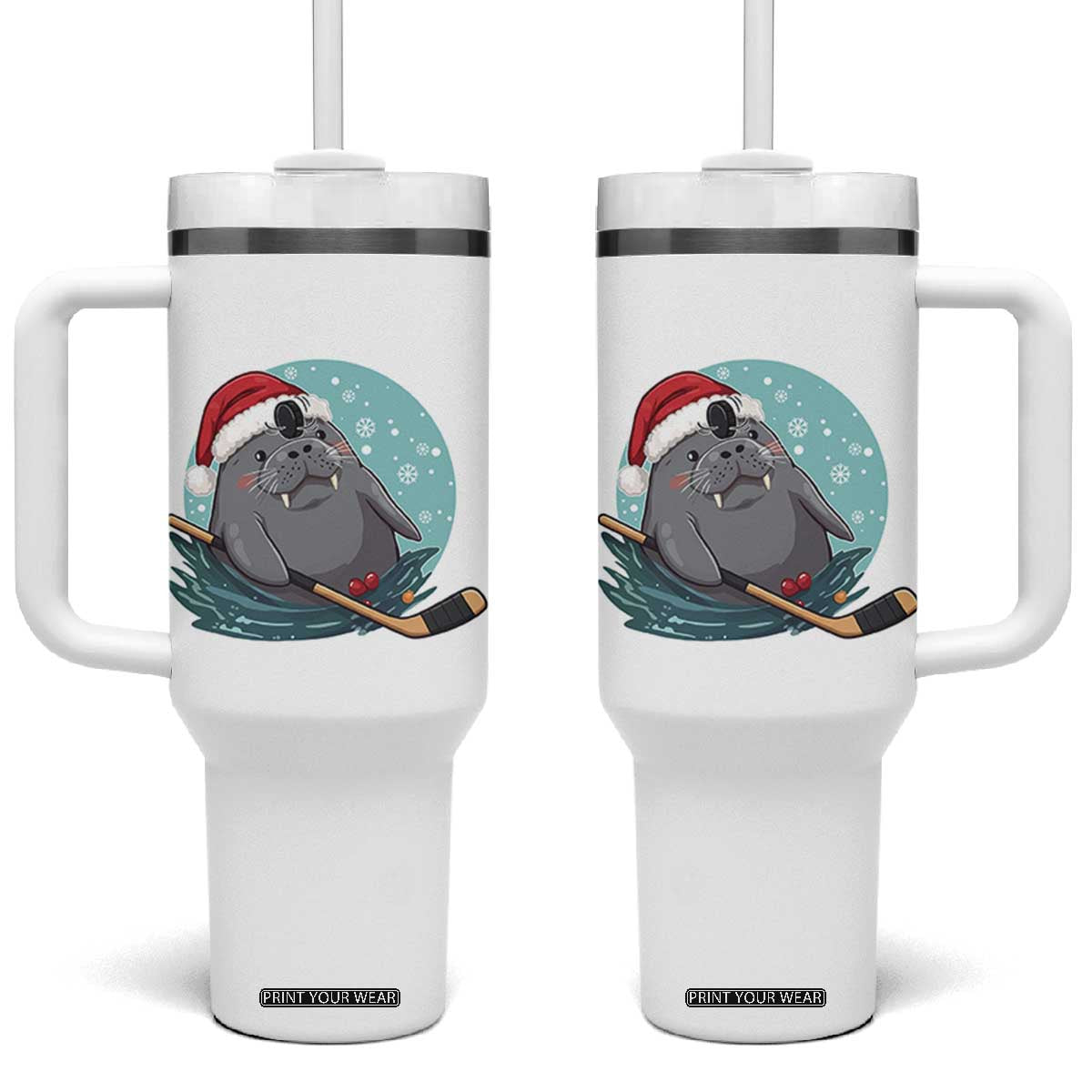 Snowy Seal Ice Hockey Lover Tumbler With Handle Funny Christmas Gift TS12 One Size: 40 oz White Print Your Wear