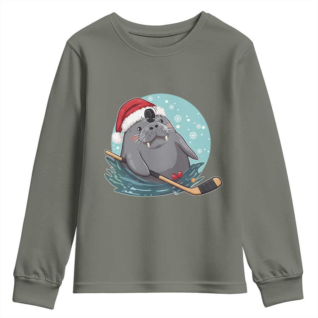 Snowy Seal Ice Hockey Lover Youth Sweatshirt Funny Christmas Gift TS12 Military Green Print Your Wear