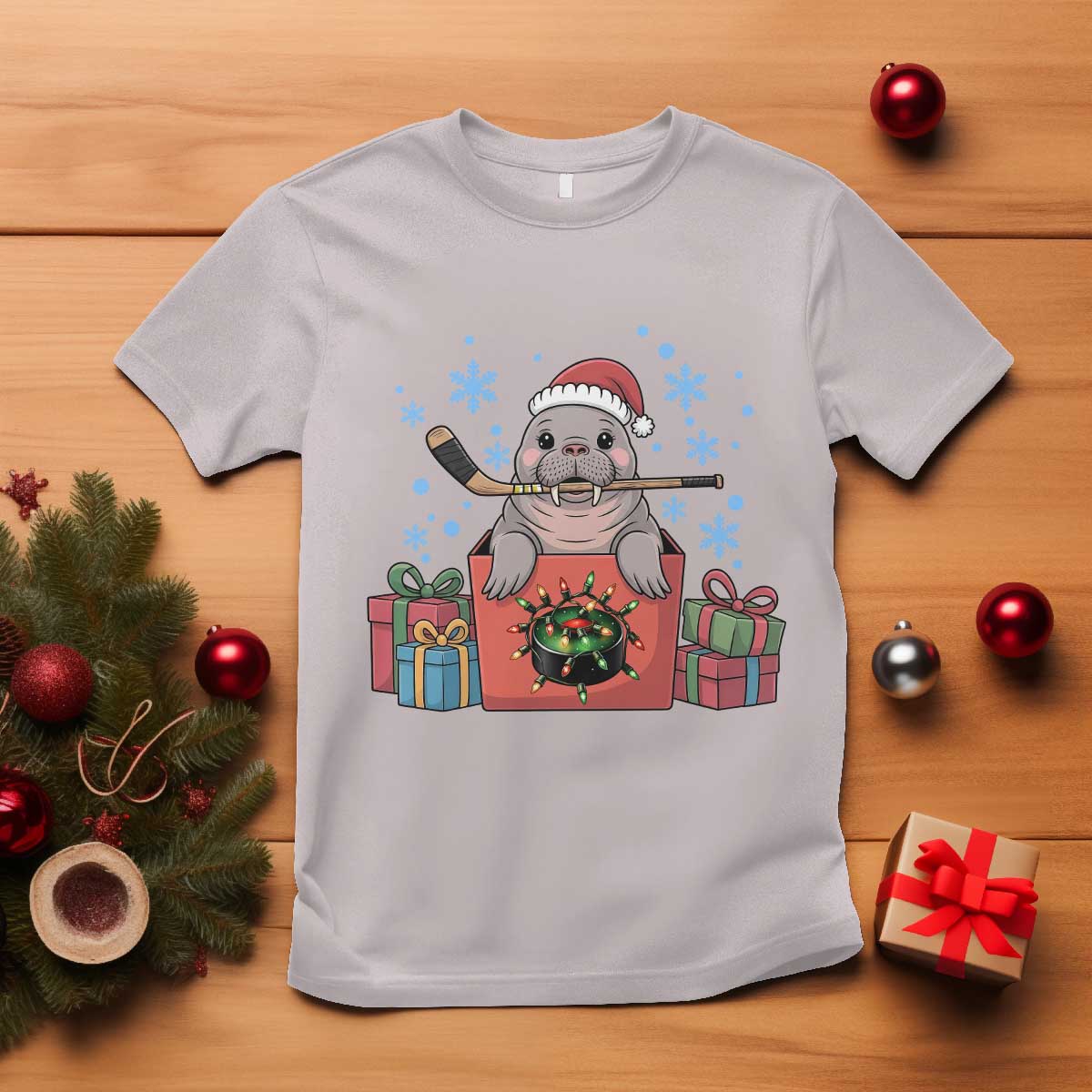 Santa Seal Playing Ice Hockey T Shirt Funny Christmas Gift TS12 Ice Gray Print Your Wear