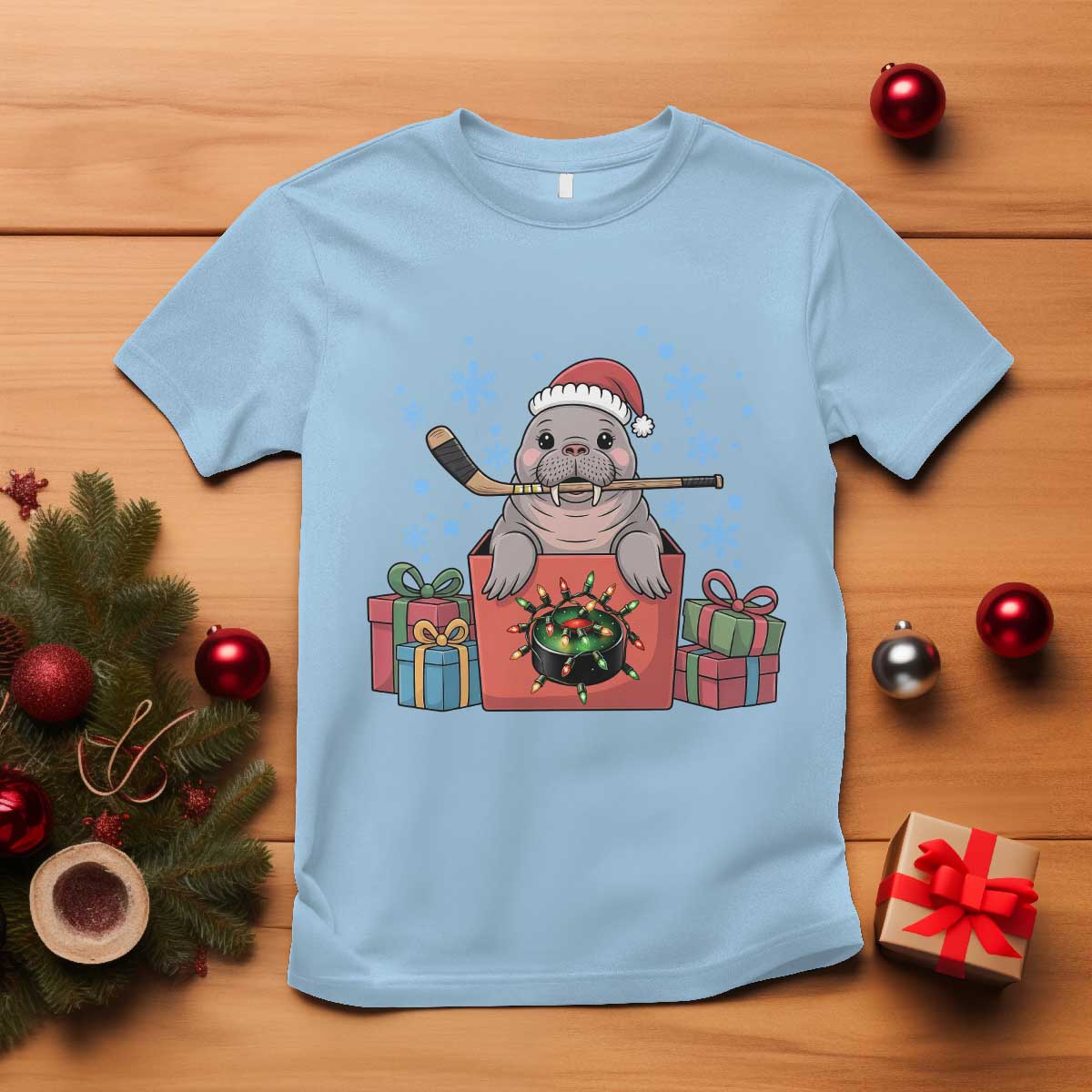 Santa Seal Playing Ice Hockey T Shirt Funny Christmas Gift TS12 Light Blue Print Your Wear